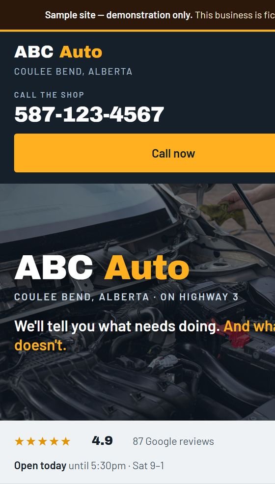 The ABC Auto sample site on a phone: a demonstration-only notice, the shop name over a dark header with a tap-to-call button, a photo of a mechanic at an open engine bay, and a 4.9-star rating with opening hours.